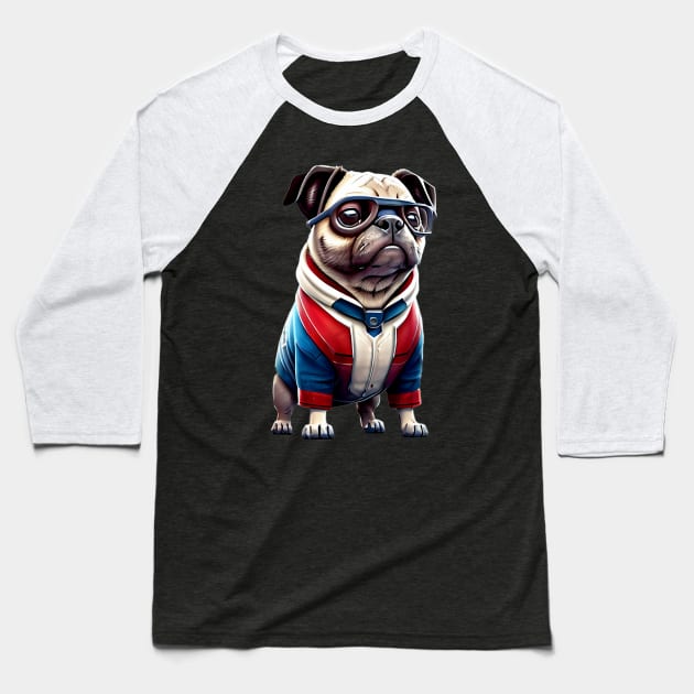 Cute Pug in Time Travel Suit - Adorable Pug in Quantum Real-Time Travel Costume Baseball T-Shirt by fur-niche